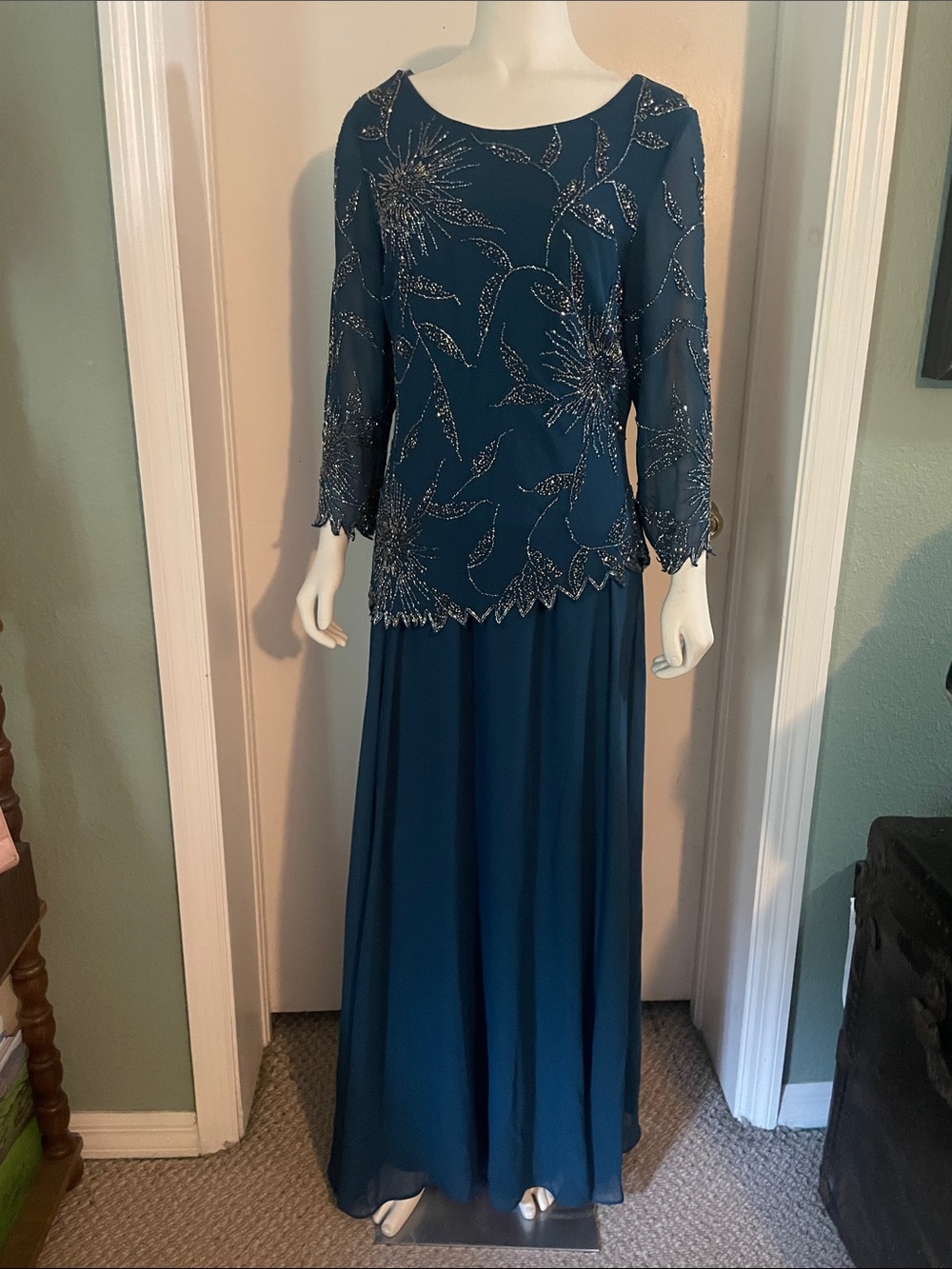 J Kara Teal Beaded Long Sleeve Evening Gown
